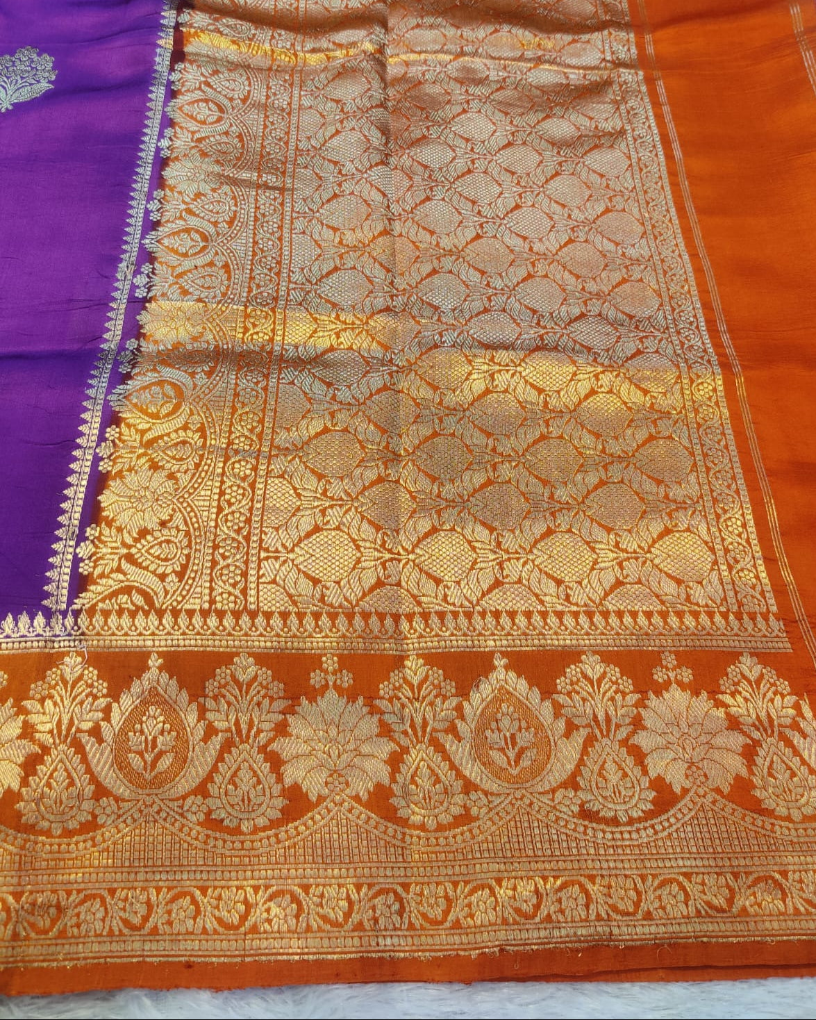 Pure Lightweight Purple Katan Silk Banarasi Kadhua Saree with Orange Zari Border