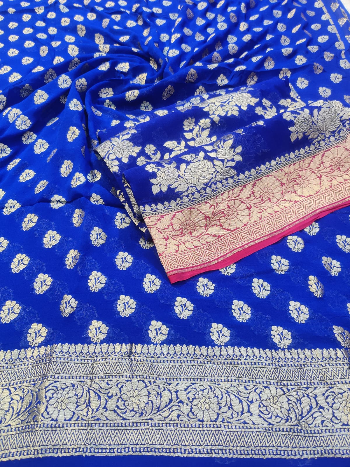Banarasi 100% Pure Khaddi Georgette Unstitched Suit Set – Dual Shade Royal Blue & Pink