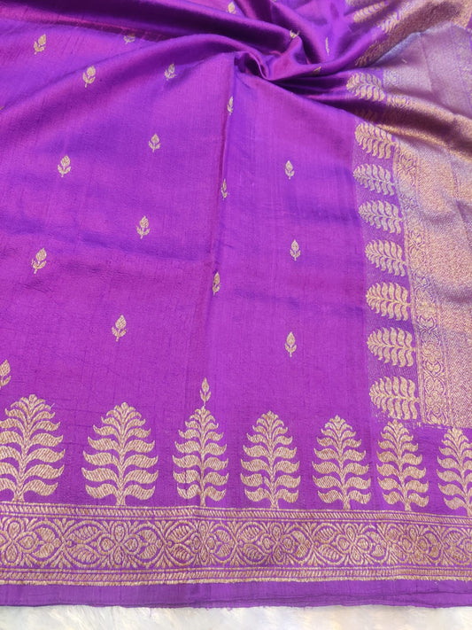 Banarasi 100% Pure Raw Silk Handloom Purple & Gold Buti Saree