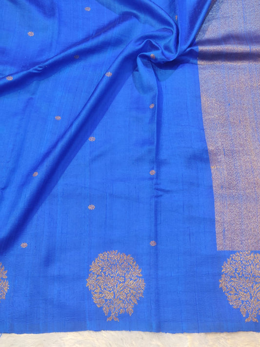 Banarasi 100% Pure Raw Silk Handloom Royal Blue Tree Motif Saree