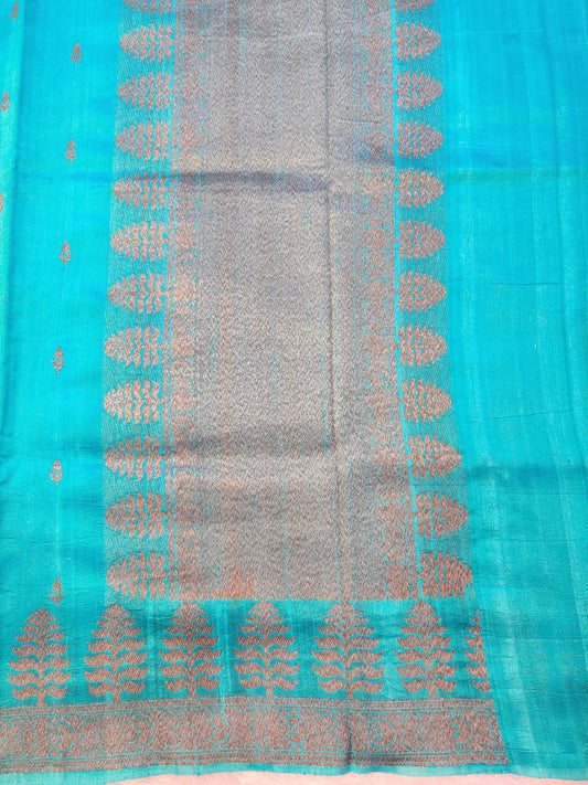 Banarasi 100% Pure Raw Silk Handloom Turquoise Blue Leaf Buta Saree