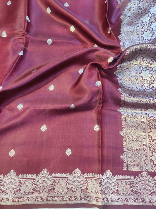 Banarasi 100% Pure Handwoven Mashru Premium Silk Saree – Wine Maroon with Silver Zari