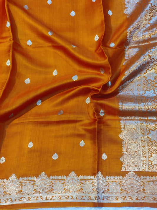Banarasi 100% Pure Handwoven Mashru Premium Silk Saree – Royal Saffron Orange with Silver Zari