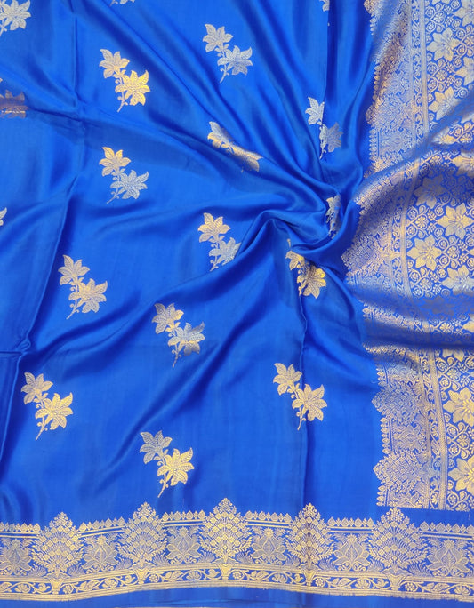Banarasi Royal Blue Handwoven Mashru Premium Silk Saree with Gold Floral Jaal & Rich Zari Border