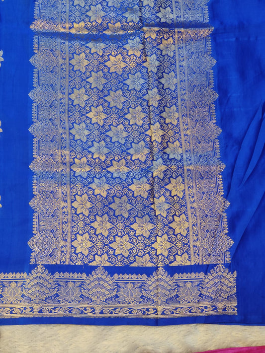 Banarasi Royal Blue Handwoven Mashru Premium Silk Saree with Gold Floral Jaal & Rich Zari Border
