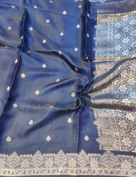 Banarasi Royal Navy Blue 100% Pure Handwoven Mashru Premium Silk Saree