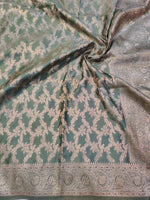 Banarasi Mix Katan Silk Saree – Sage Green Floral Jaal with Antique Silver Zari