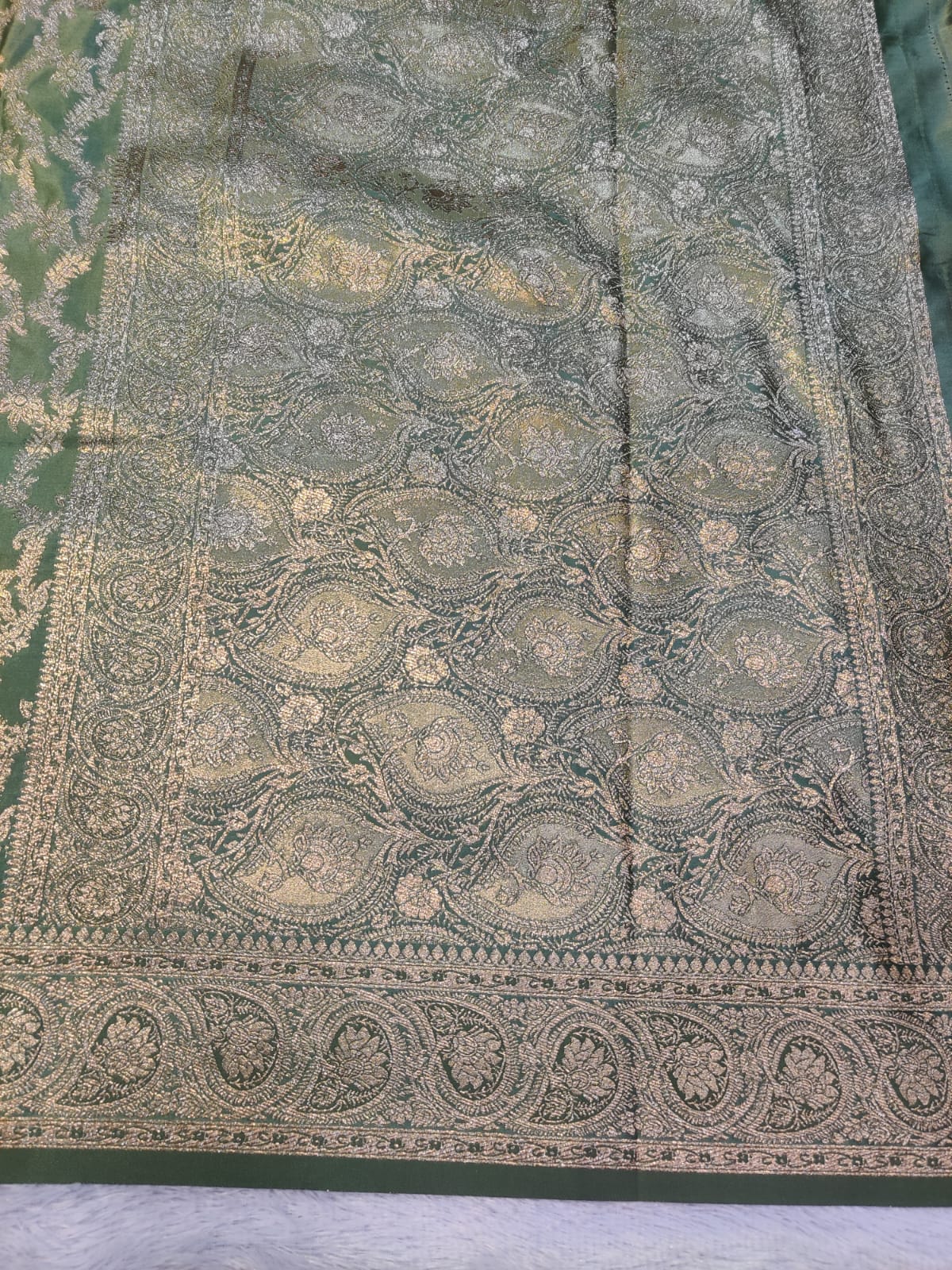 Banarasi Mix Katan Silk Saree – Sage Green Floral Jaal with Antique Silver Zari