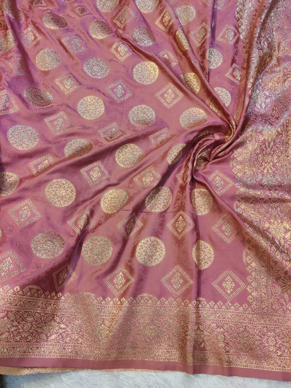 Banarasi Mix Katan Silk Saree – Dusty Rose Pink with Zari Geometric & Floral Motifs