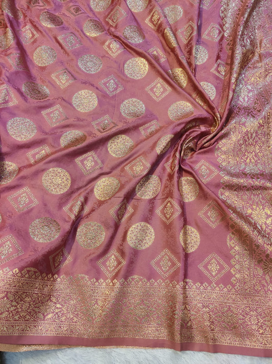 Banarasi Mix Katan Silk Saree – Dusty Rose Pink with Zari Geometric & Floral Motifs