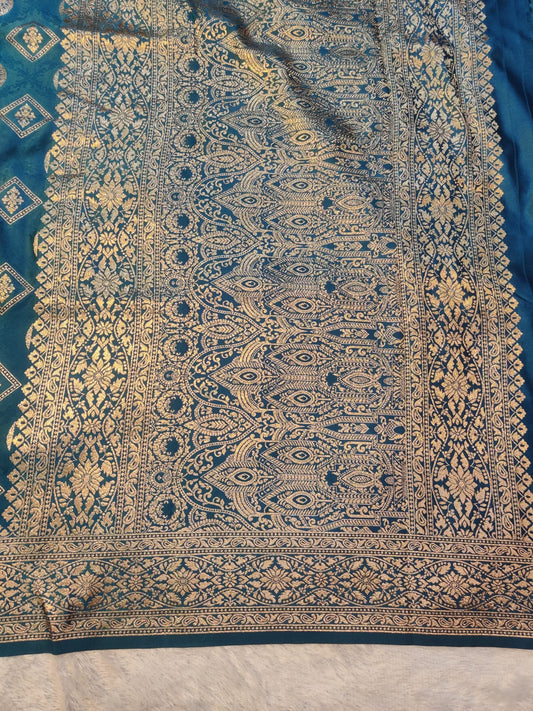 Banarasi Mix Katan Silk Saree in Rich Teal Blue with Antique Gold Zari