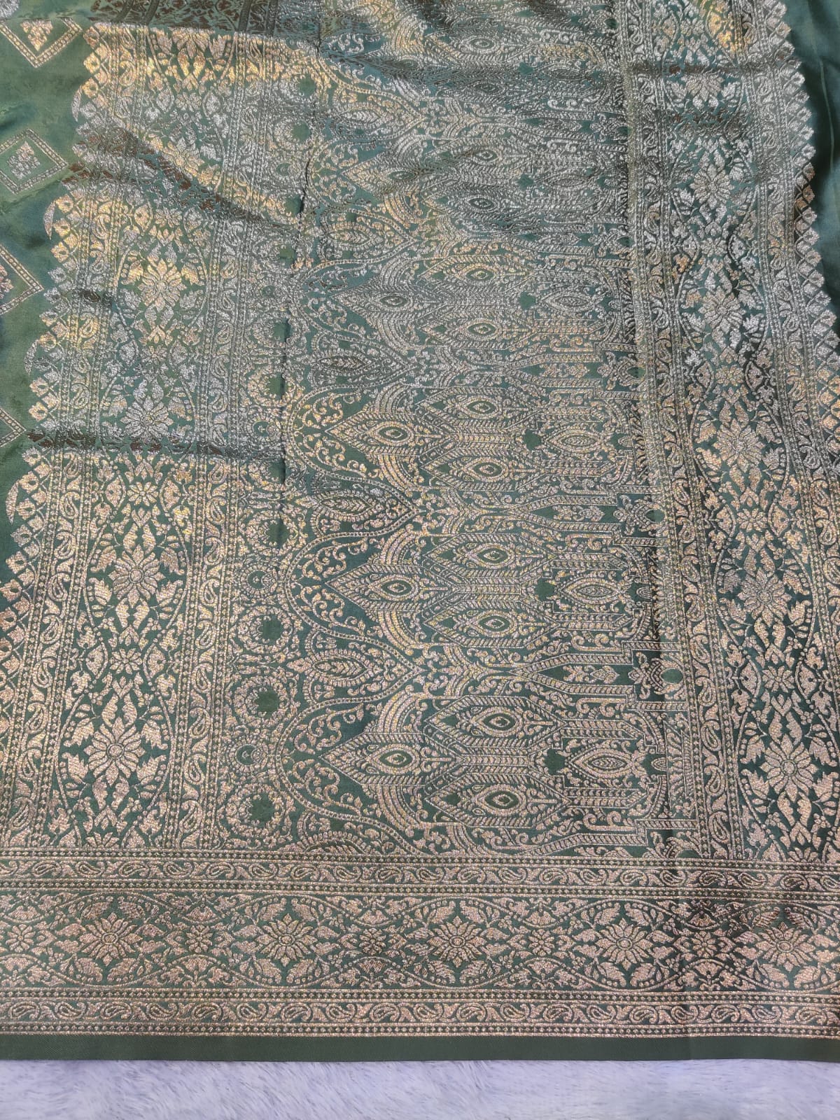 Banarasi Mix Katan Silk Saree – Deep Olive Green with Antique Zari Floral & Geometric Motifs