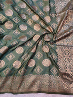 Banarasi Mix Katan Silk Saree – Deep Olive Green with Antique Zari Floral & Geometric Motifs