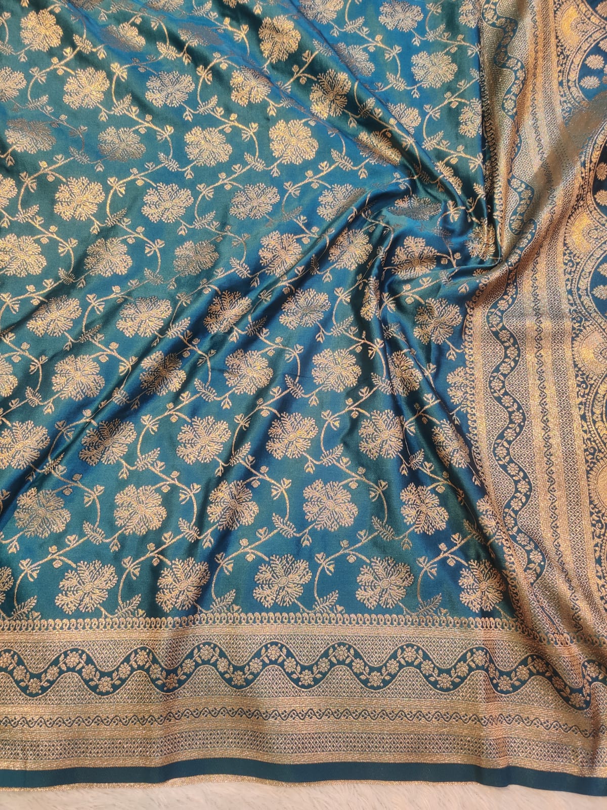 Banarasi Mix Katan Silk Teal Blue Floral Zari Saree with Designer Border