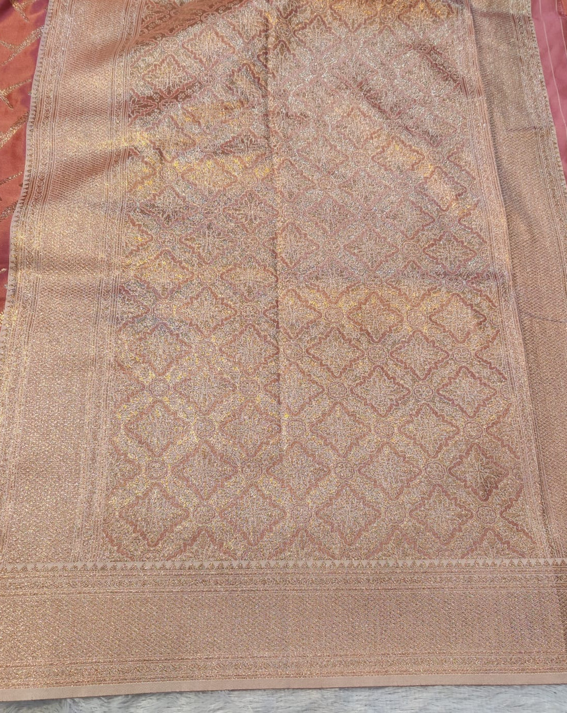 Banarasi Mix Katan Silk Saree with Geometric Chevron Lattice and Champagne Zari Pallu