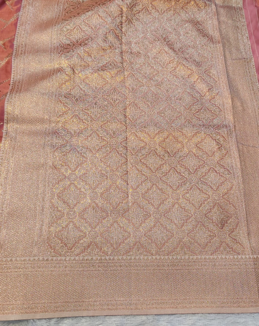 Banarasi Mix Katan Silk Saree with Geometric Chevron Lattice and Champagne Zari Pallu