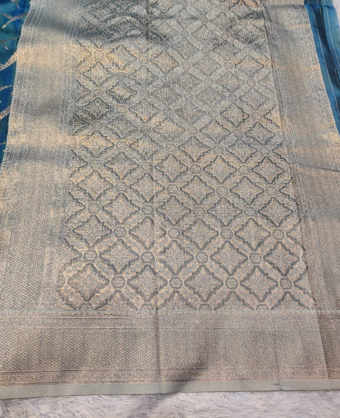 Banarasi Mix Katan Silk Saree with Chevron Zigzag Lattice and Antique Gold Zari Brocade