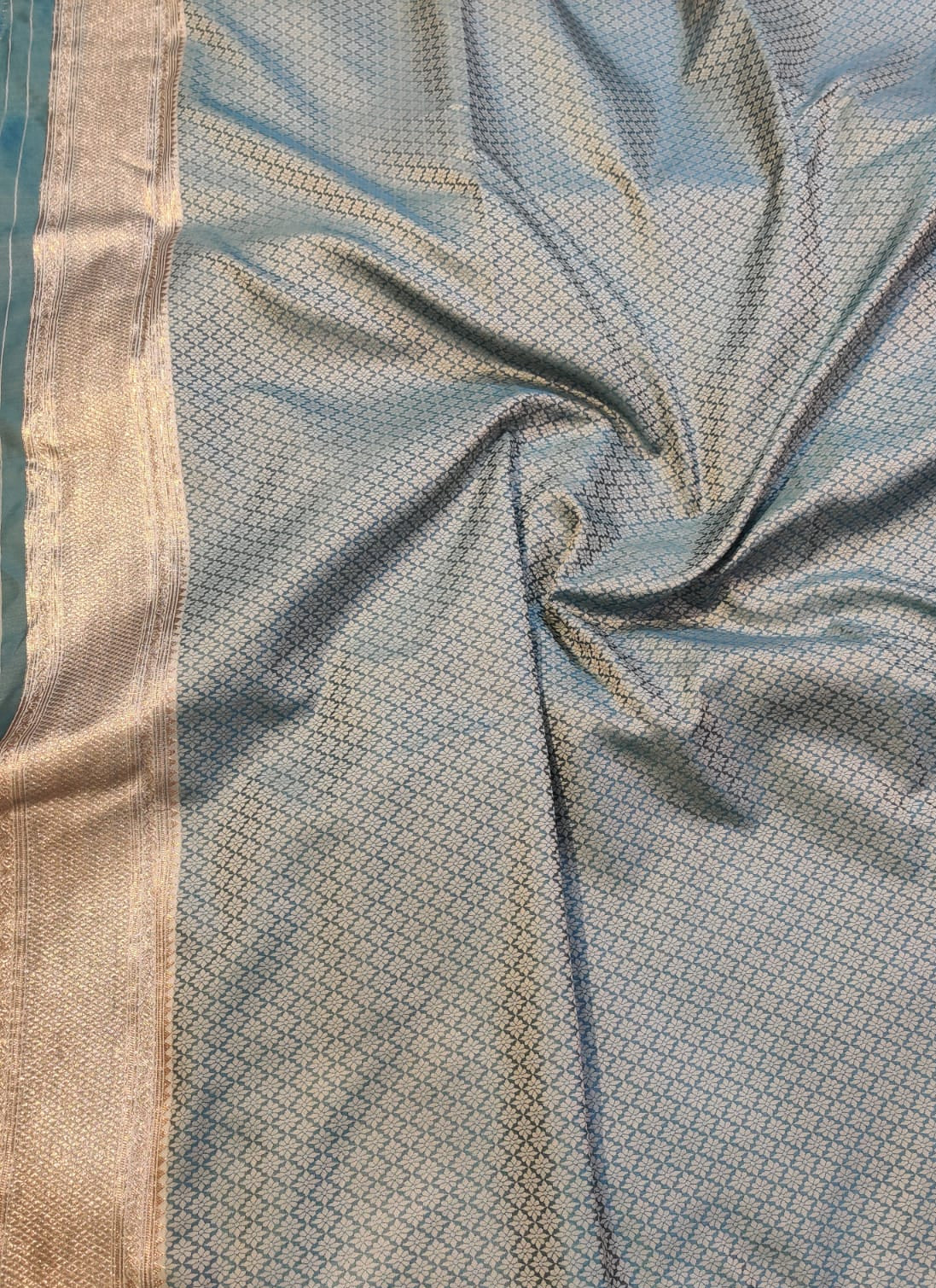 Banarasi Mix Katan Silk Saree with Chevron Zigzag Lattice and Antique Gold Zari Brocade