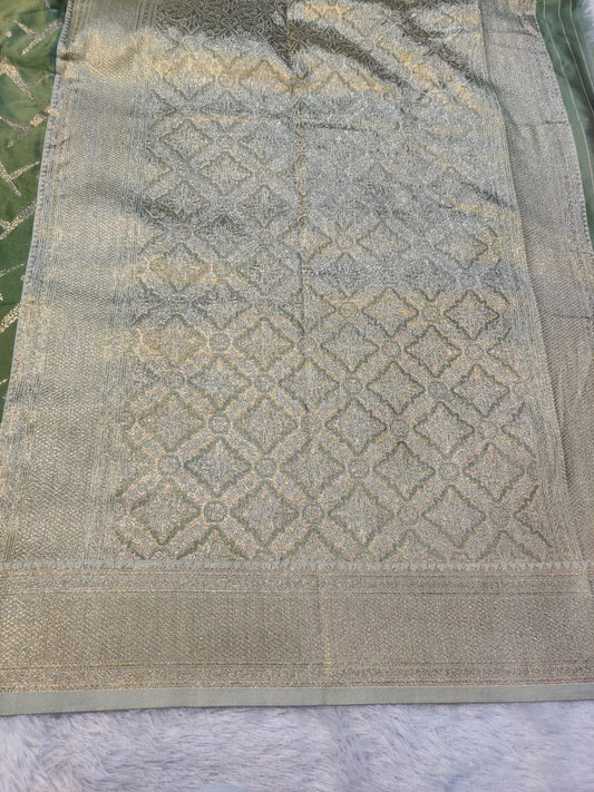 Banarasi Mix Katan Silk Saree with Geometric Chevron Lattice and Champagne Rose Gold Zari Pallu