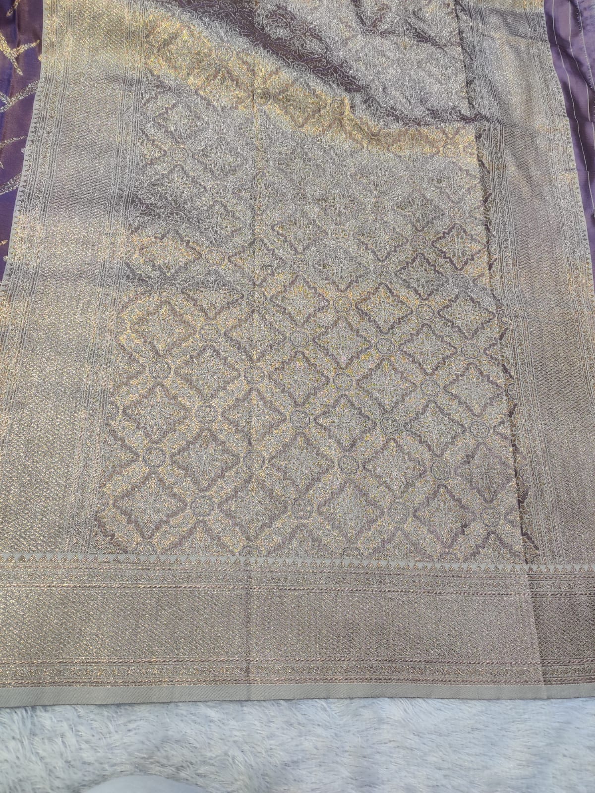 Banarasi Mix Katan Silk Saree with Geometric Chevron Lattice and Silver Zari Pallu