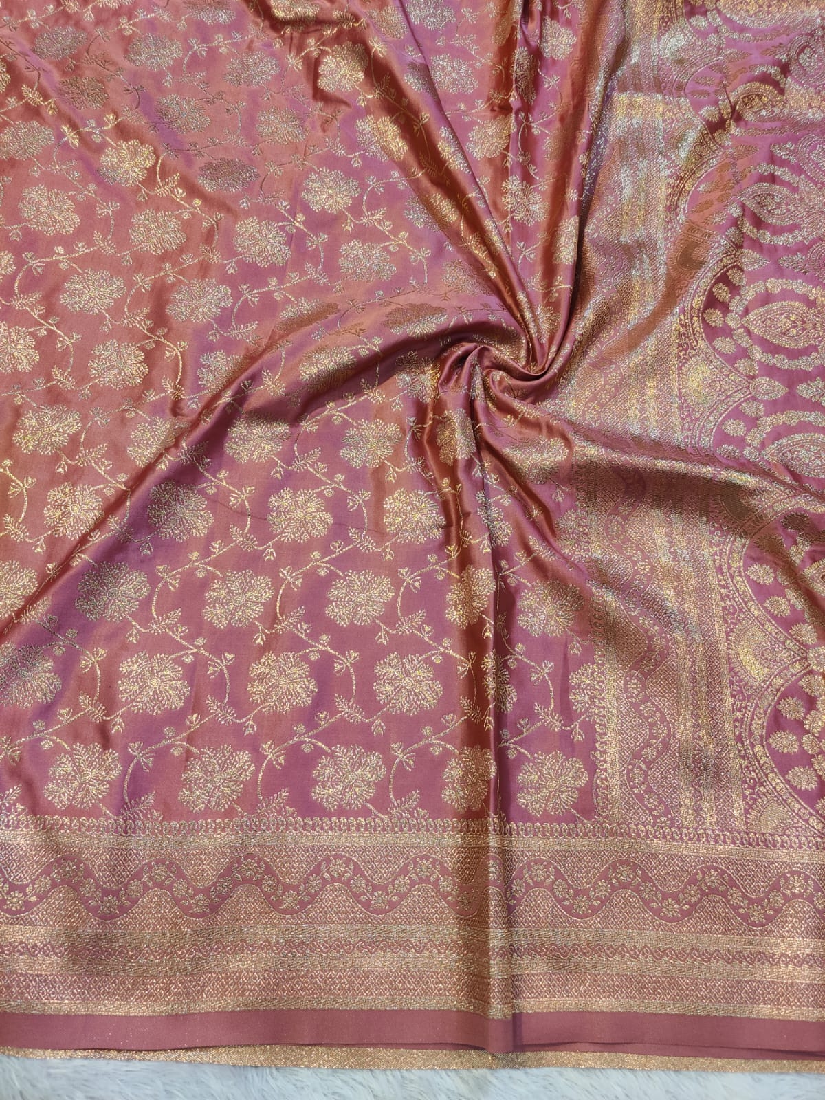 Banarasi Mix Katan Silk Saree with All-Over Floral Jaal and Scalloped Arch Zari Border
