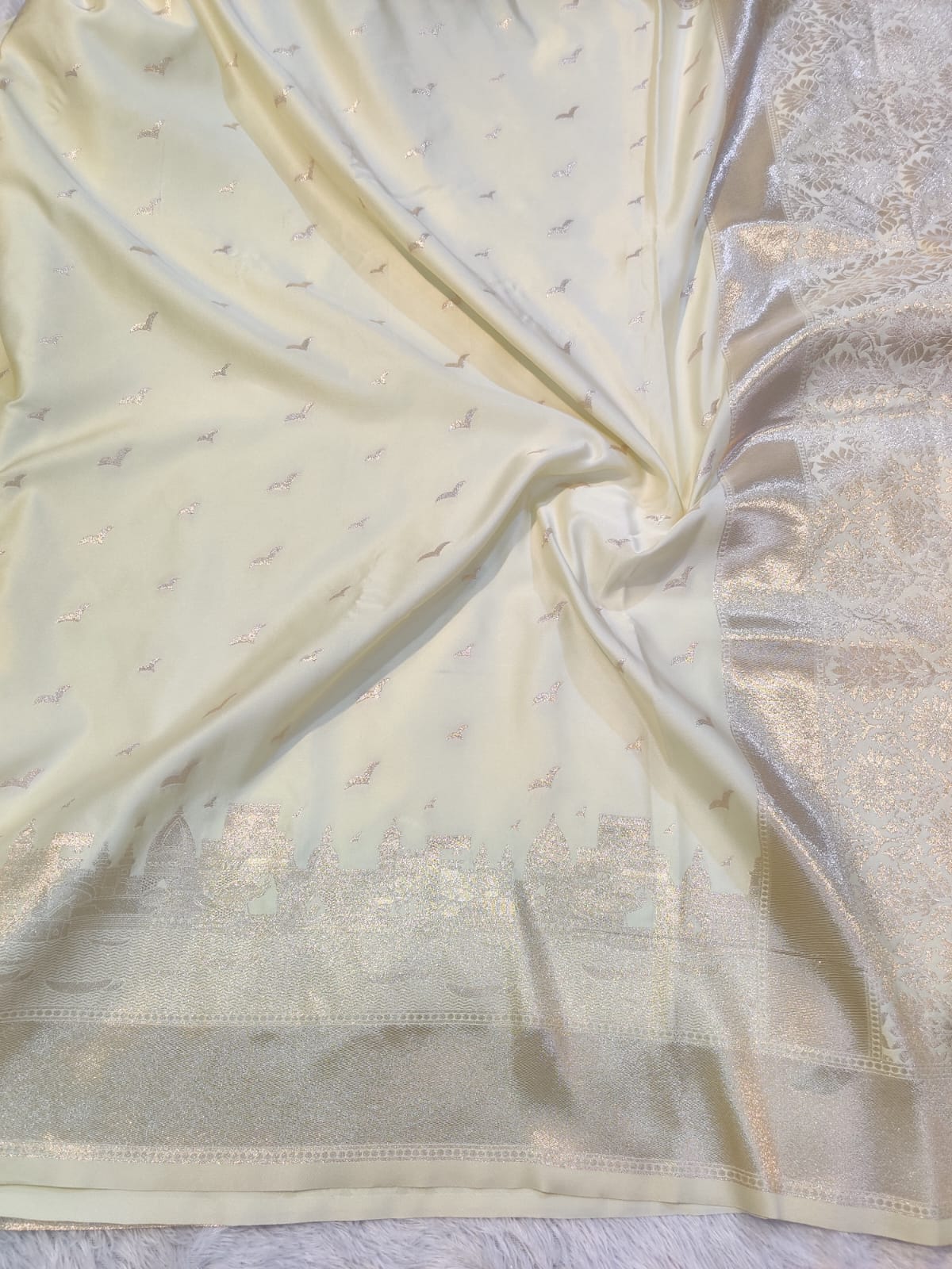Banarasi Mix Katan Silk Saree with Varanasi Ghat Landscape Border and Flying Bird Motifs