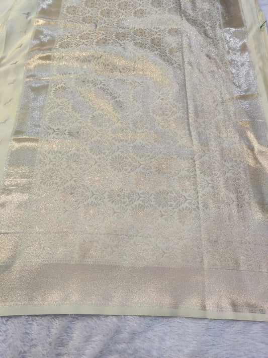 Banarasi Mix Katan Silk Saree with Varanasi Ghat Landscape Border and Flying Bird Motifs