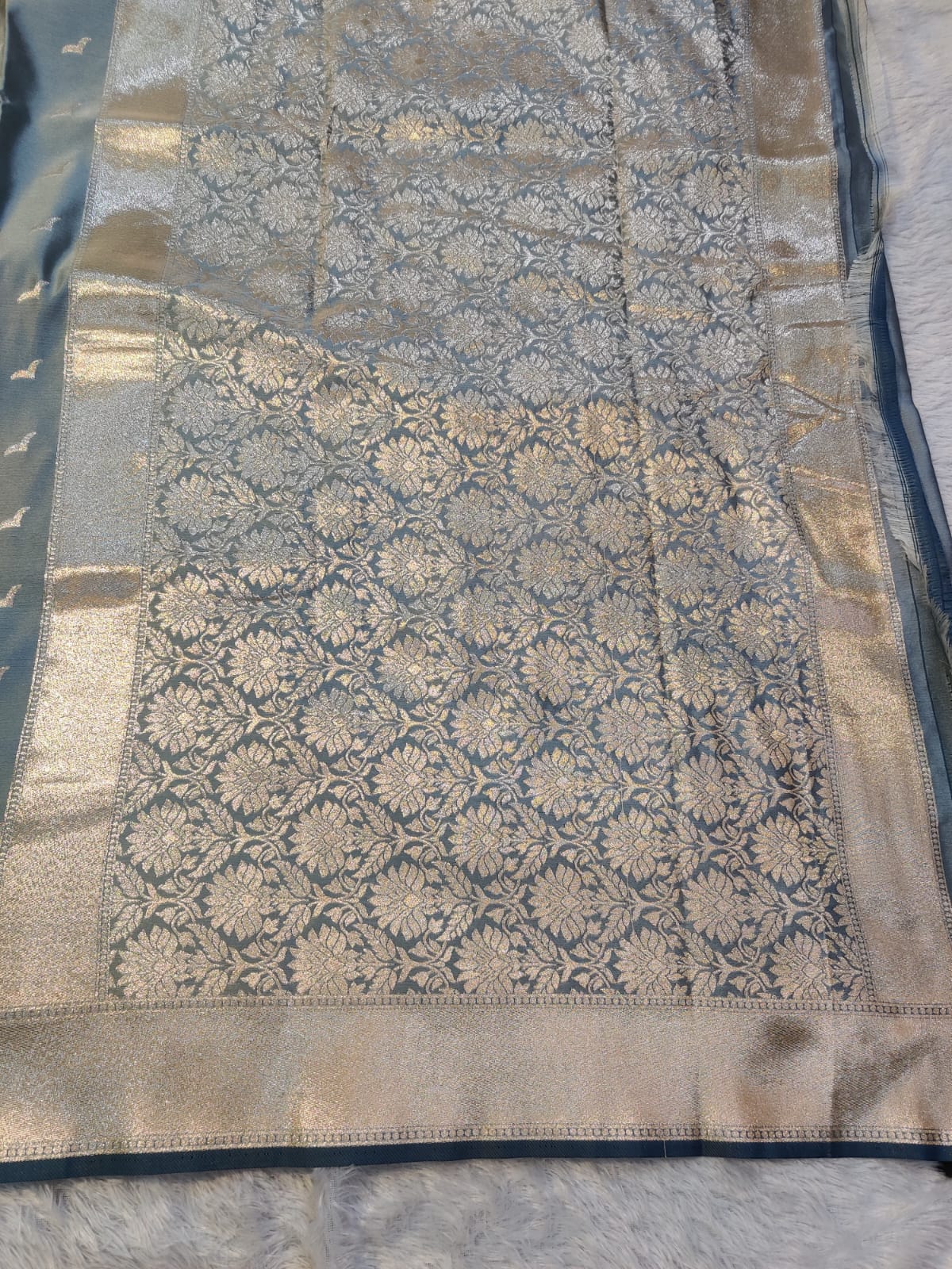Banarasi Mix Katan Silk Saree with Varanasi Ghat Landscape Border and Flying Bird Motifs