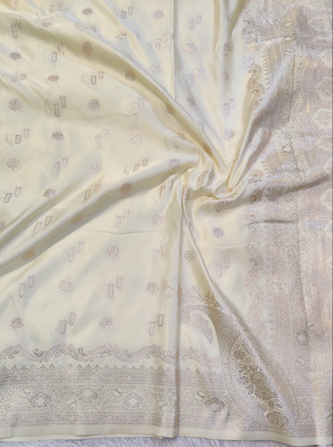 Banarasi Mix Katan Silk Saree with Paisley Floral Bootis and Intricate Silver Zari Brocade