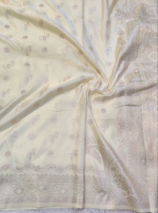 Banarasi Mix Katan Silk Saree with Paisley Floral Bootis and Intricate Silver Zari Brocade