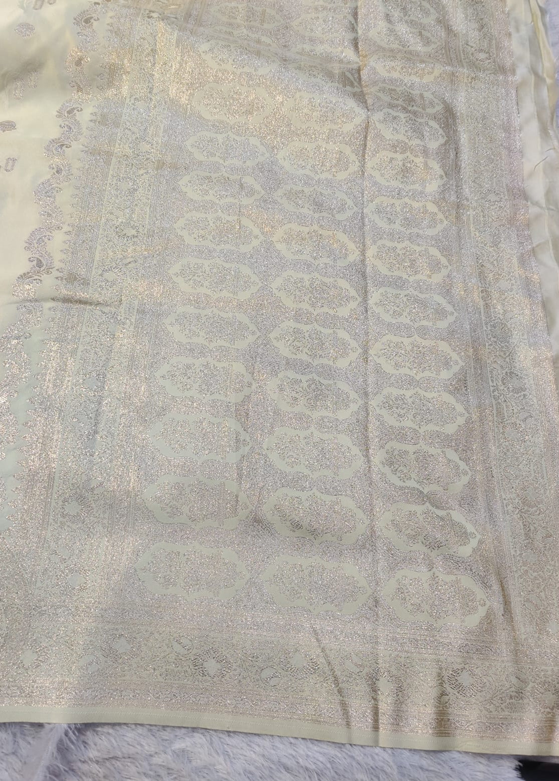 Banarasi Mix Katan Silk Saree with Paisley Floral Bootis and Intricate Silver Zari Brocade