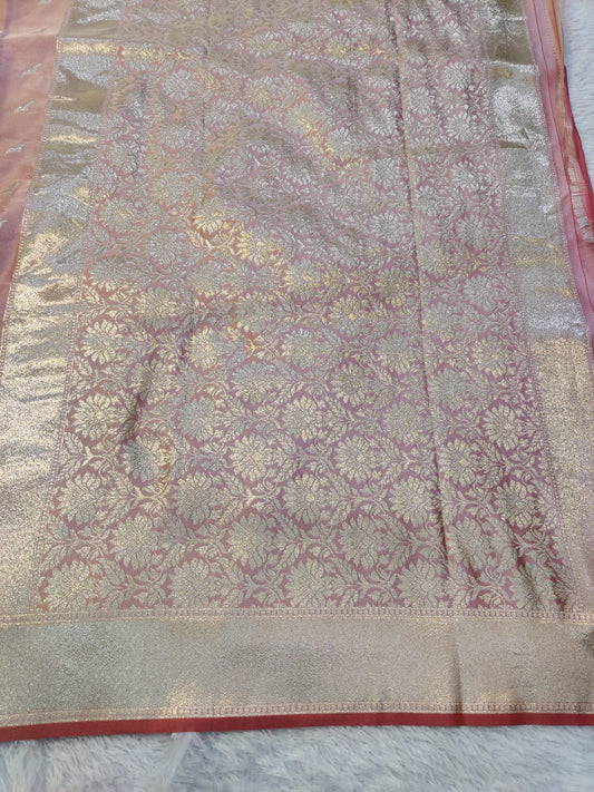 Banarasi Mix Katan Silk Saree with Varanasi Ghat Landscape Border and Flying Bird Motifs