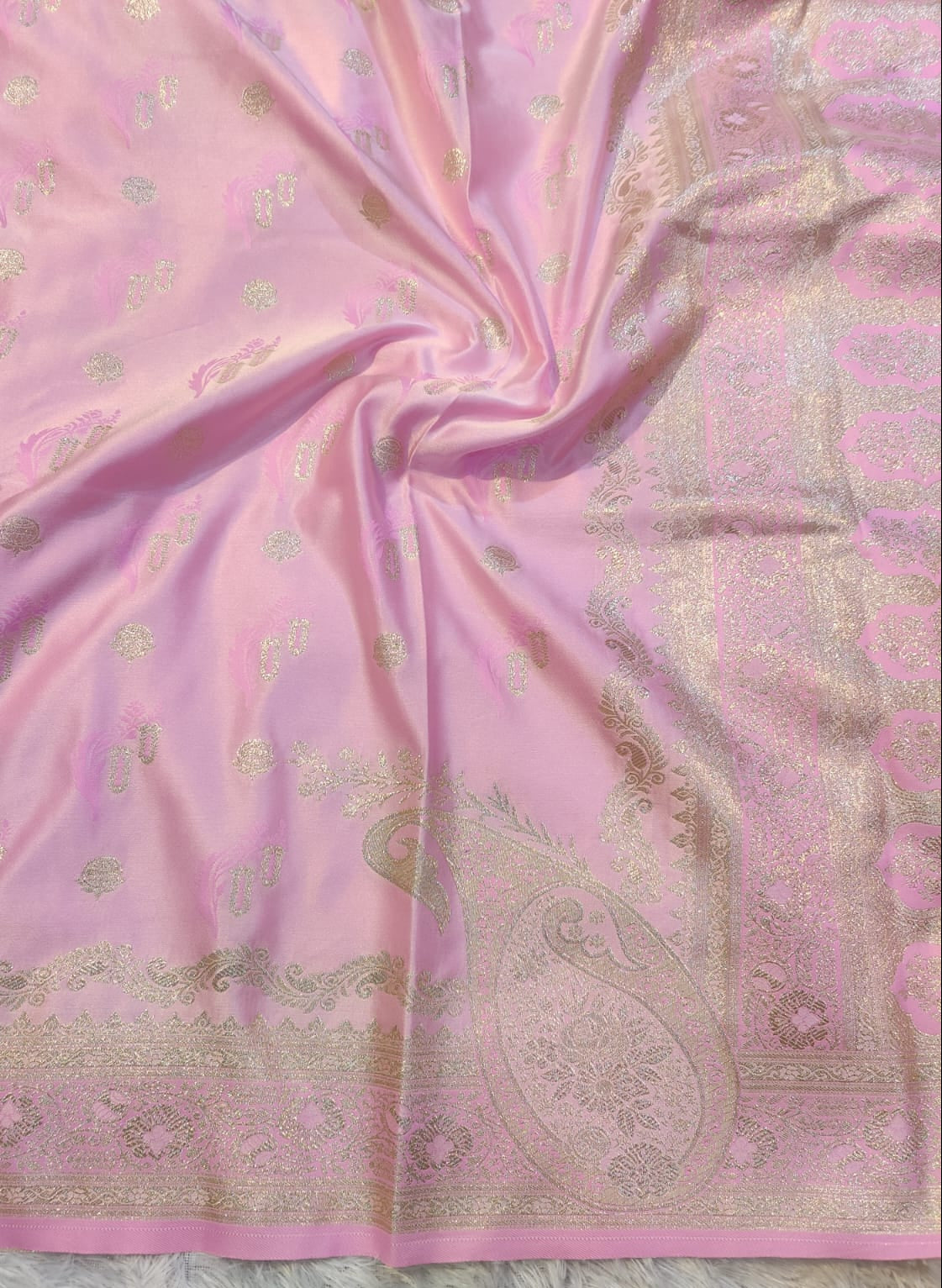 Banarasi Mix Katan Silk Saree with Paisley Floral Bootis and Meenakari Kalga Corner Pallu